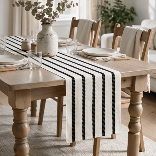 Artoid Mode Black Farmhouse Woven Stripe Table Runner, Seasonal Holiday Boho Rustic Kitchen Dining Table Decoration for Home Party Decor 12x72 Inch