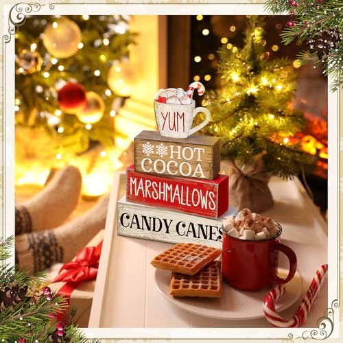 Moucuny 4 Pcs Christmas Table Decorations, Hot Cocoa Bar Wooden Block Signs
