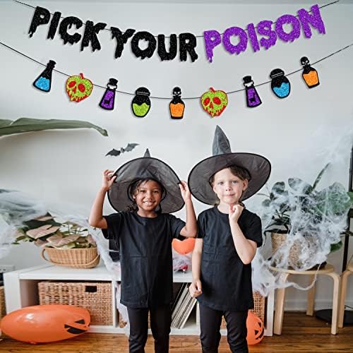 PTFNY Glittery Pick Your Poison Banner Hocus Pocus Decorations Potion Bar Decorations Halloween Party Banner for Haunted Houses Home Halloween Party Decorations Supplies