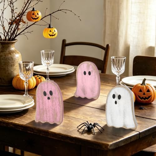 3Pcs Halloween Table Decorations Indoor, Farmhouse Halloween Cute Ghost Decorations, Rustic Ghost Table Centerpieces Signs Tiered Tray Decor for Home Mantel Shelf Office Party Supplies (Pink)