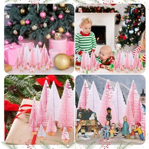 Leyndo 24 Pcs Pink White Artificial Mini Christmas Tree with Wood Base