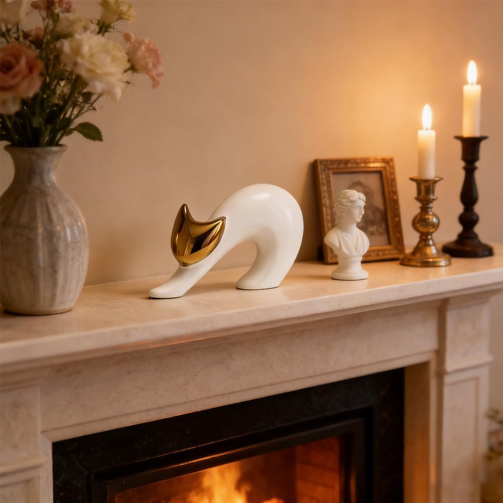 Cat Statues Home Decor White Ceramic Cat Figurine / White and Gold / 4.7in / 7.9 Inch