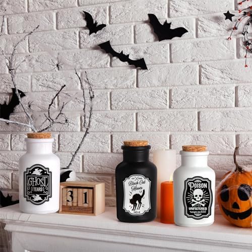 Sarybei Halloween Decorations for Home - Set of 4 Apothecary Potion Bottles with stickers - Scary Witch Poison Ghosts Black Cat Farmhouse Tiered Tray Decor For Home Table Party Supplies