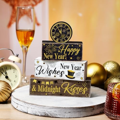 Moucuny 4 Pcs New Year Table Decorations, Happy New Year Wood Block Sign