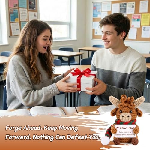 Positive Crochet Highland Cow Gifts with Positive Messages& Box, Emotional Support Crochet Animals of Desk Decor for Dad Father Day Men Women Coworker Friends, Crochet Cow Gifts for Birthday