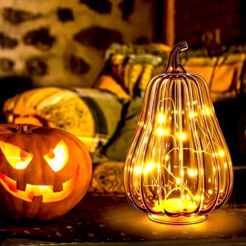Glooglitter Mercury Glass Pumpkin Light LED Fall Lamp, Gourd, Amber, Middle
