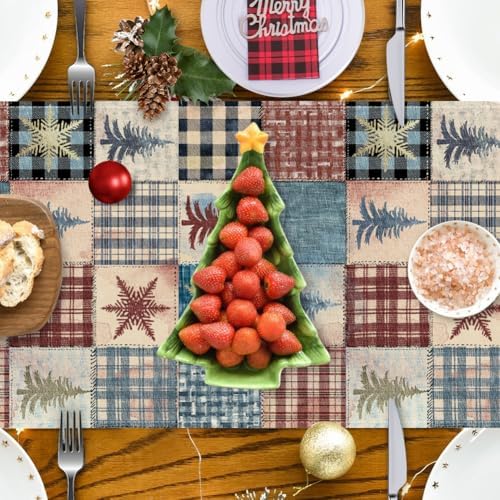 RABUSOFA Christmas Trees Table Runner 13 x 72 Inch, Waterclor Buffalo Plaid Seasonal Winter Holiday Xmas Winter Kitchen Dining Table Merry Christmas Decoration for Indoor Outdoor Home Party Decor