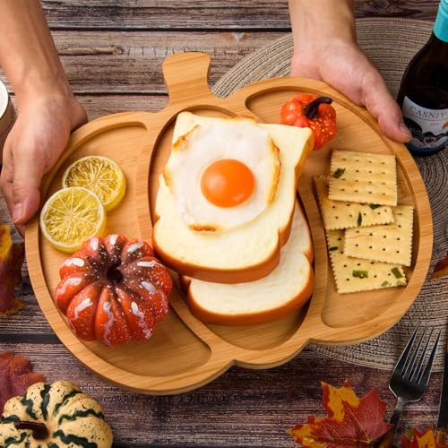 AWIZOM 2 Pcs Thanksgiving Bamboo Serving Platters with Grooves Wooden Pumpkin Trays Wood Cheese Charcuterie Boards Wooden Snack Dish Plate for Halloween Fall Autumn Harvest Supplies,12.6x11.42x0.59