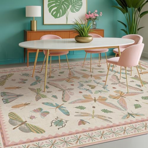Hazo Haus Cute Rugs for Bedroom Girls - Pink Living Room Rugs 8X10, Dining Room Table, Washable Pastel Flower Insect