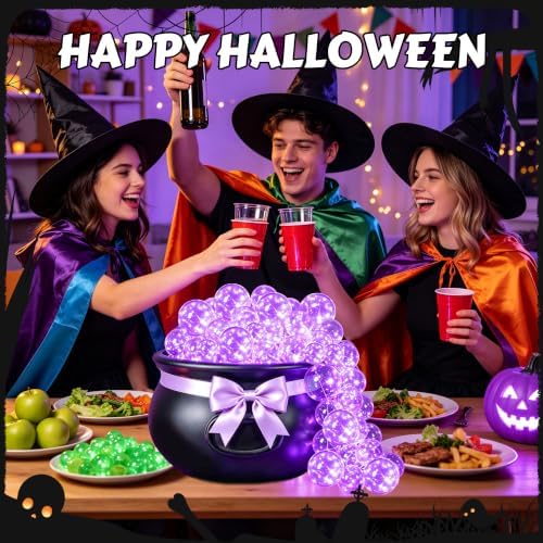 Halloween Witches Cauldron Decorations, DIY Bubbling Large Cauldron Bowl Set with Clear Plastic Balls, Purple String Light and Purple Ribbon for Halloween Hocus Pocus Party Indoor Outdoor Decor