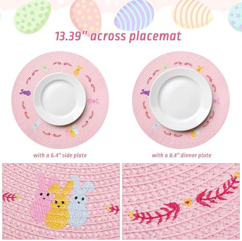 Whaline 4Pcs Easter Bunny Round Placemats Pink Rabbit Embroidered Place Mats Spring Cute Kitchen Table Mats for Home Wedding Baby Shower Birthday Dinner Party Decor