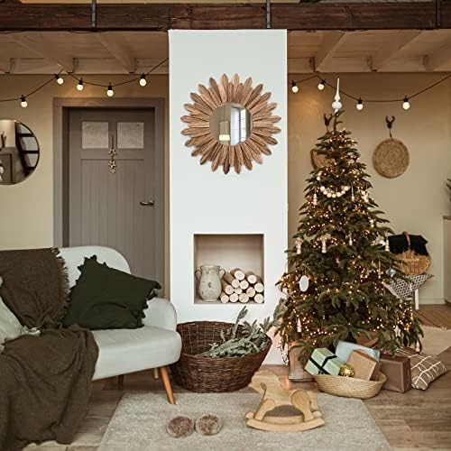 Honiway Mirror Wall Decor 21 inch Rustic Wood Boho Aesthetic Mirror for Room & Home Decor Farmhouse Wall Decor at