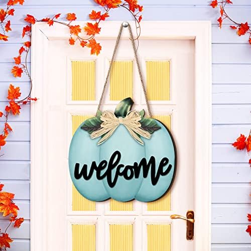 Jetec Fall Door Decor, Wooden Fall Pumpkin Welcome Sign Hanger, Dusty Blue