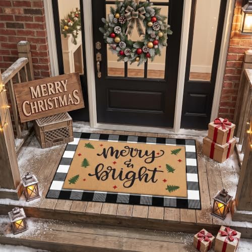 Tinideya 2 Pcs Christmas Door Mat Outdoor Layered Merry Bright Welcome Mat