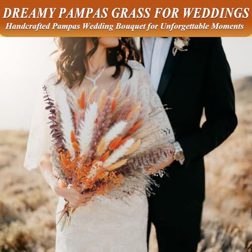 120Pcs 17" Orange Dried Pampas Grass Bouquet, Boho Floral Home Decor