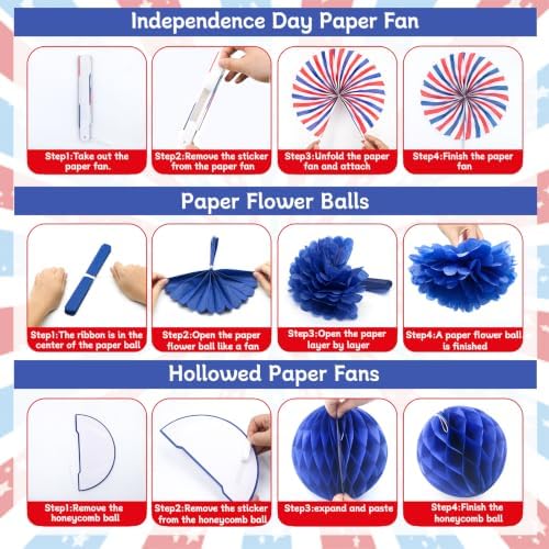 24 Pcs Patriotic 4th of July Decorations Kit, Paper Fans Pom Poms 8-16 in