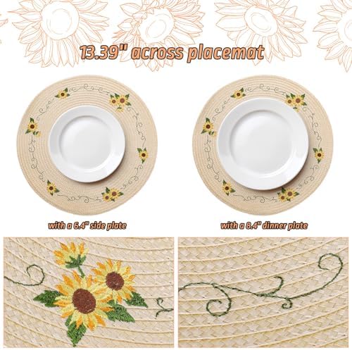 Whaline 4Pcs Sunflower Embroidered Placemats Spring Summer Floral Round Place Mats Dinner Table Mats for Home Holiday Birthday Baby Shower Party Decor
