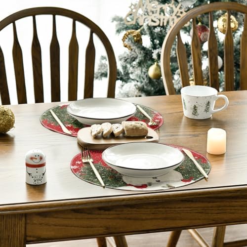 Artoid Mode Snowman Trees Snowflakes Christmas Round Placemats Set of 8, 14 Inch Winter Round Table Mats for Dining Decoration