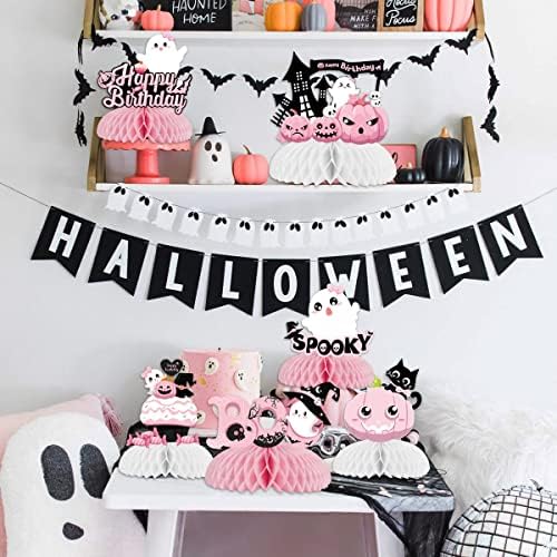 Halloween Birthday Honeycomb Centerpieces Pink Halloween Table Decorations for Birthday Party Ghost Spooky Honeycomb Pumpkin Ghost Bat Table Toppers for Girls 1st 2nd 3rd Birthday Party
