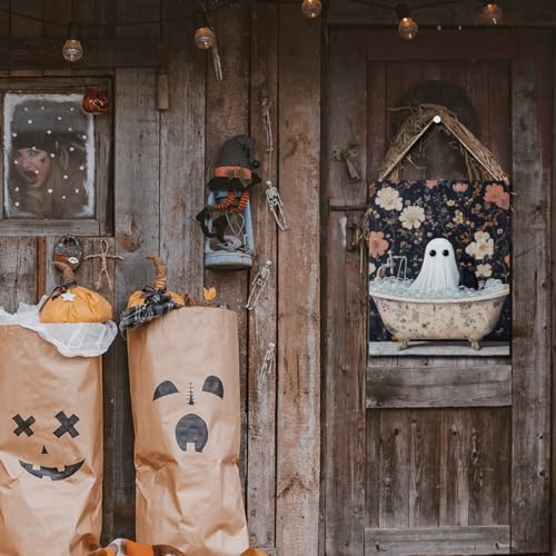 Funny Halloween Bathroom Decor, Cute Halloween Decorations Indoor, Spooky Halloween Wall Art Wooden Hanging Sign, Ghost Black Cat Farmhouse Wood Block Plaque Sign Decor for Home Shower Room Bathroom