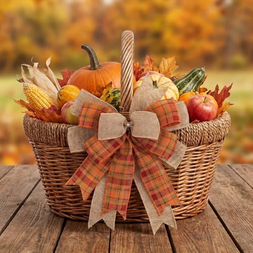 Fall Bows for Wreaths, 9.4 x 11.8 Inch Orange Burlap and Wired Plaid Ribbon, Handmade Autumn Wreath Bow for Mailbox Lantern Tree Topper, Thanksgiving Harvest Door Decor