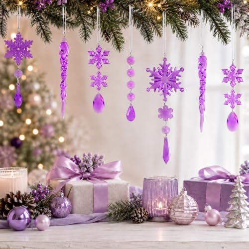 32pcs Crystal Christmas Ornaments for Christmas Tree Decorations-Purple Hanging Acrylic Snowflake and Icicle Ornaments with Drop Pendants for Xmas Winter Wonderland New Year Party Decorations Supplies