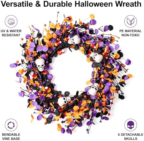 Halloweeen Wreath with White Skull 22 Inch Halloween Wreaths for Front Door with Black Eucalyptus Leaves White Skull Orange Berries for Window Porch Indoor Party Holiday Wall Home