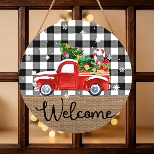 Christmas Welcome Front Door Sign for House Merry Christmas Holiday Decoration Hanging Sign Red Truck Xmas Round Wood Wreaths for Home Wall Porch Yard Garden Farmhouse Xtmas Day 12"x12"