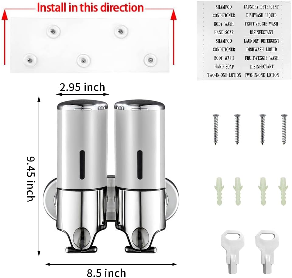 2 in 1 Chamber Wall Mounted Shampoo and Conditioner Dispenser (Silver) | No Drill Shower Soap Dispenser for Bathroom &
