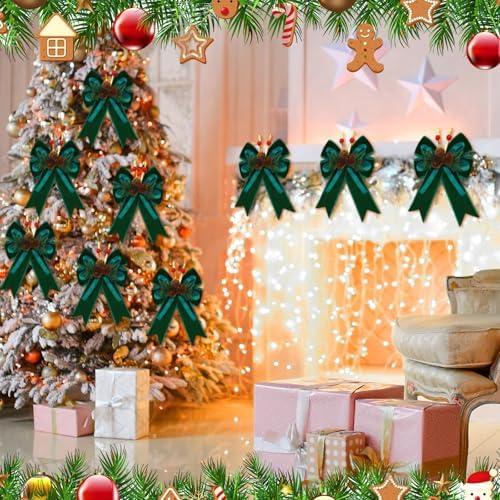 Syhood 6 Pcs Christmas Bows Xmas Velvet Bows Tree Decor, Dark Green
