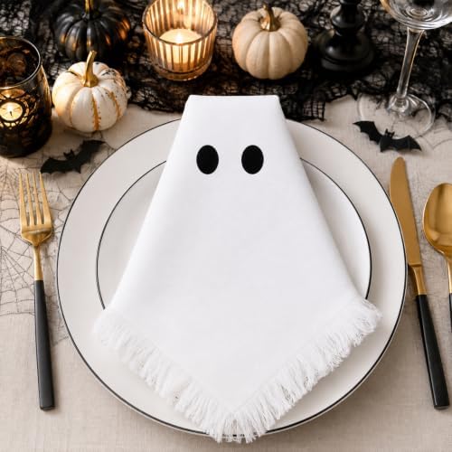 Whaline 8 Pcs Halloween Cloth Napkins with Fringe Spooky White Ghost Dinner Napkin Washable Reusable Cotton Napkin for Halloween Party Home Kitchen Dining Table Decoration, 18 x 18 Inch