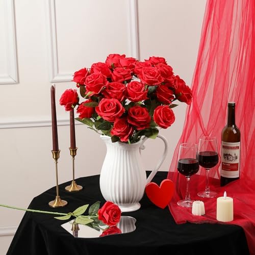 10pcs Red Roses Artificial Flowers, Realistic Faux Rose with Long Stem