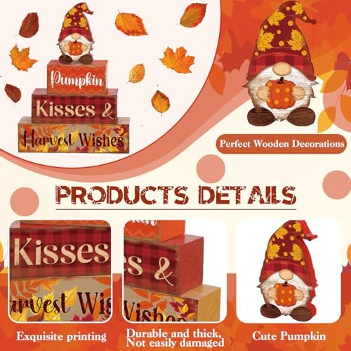 4 Pcs Fall Decor for Home Gnomes Pumpkin Wooden Signs with Harvest Wishes