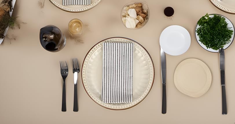 Plain Striped Cotton Linen Blended Dinner Cloth Napkins - Set of 12 (17 x 17 inches) - for Events & Home Use (Brown)