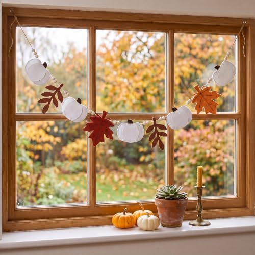 Frienda 8.2 ft Fall Pumpkin Garland with Maple Leaves Wood Beads Felt Decor