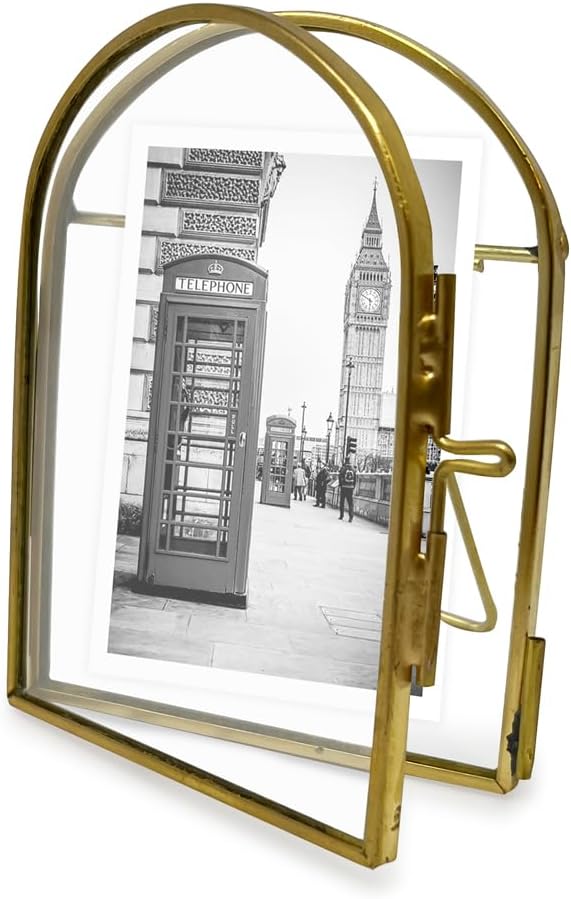 Arched Brass & Glass Metal Floating Picture Frame / 2 x 3 / Antique Gold