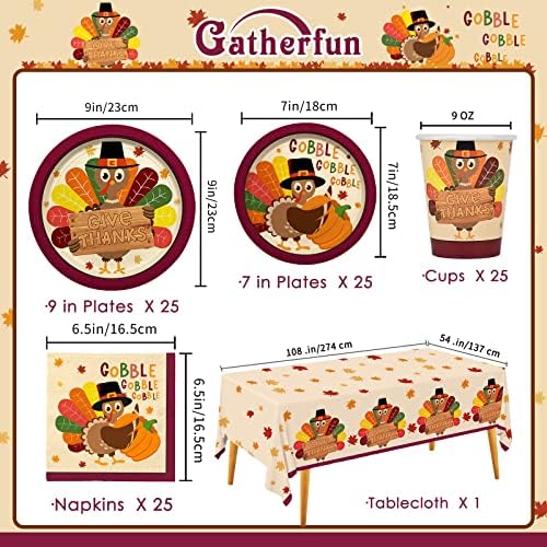 Gatherfun Turkey Thanksgiving Party Supplies Kit, Autumn Disposable Dinnerware Includes, Paper Dinner Plates, Dessert Plates, Napkins, Cups, and Tablecloth, for Fall party Decorations, Serve 25