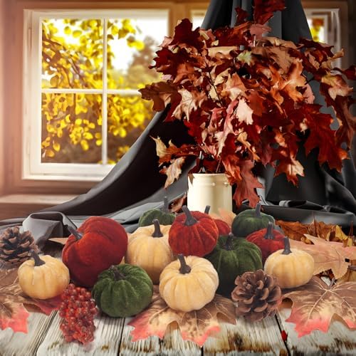 21 PCS Pumpkins Decor Set, 3 Sizes Fake Velvet Pumpkin, Dark Green Brown Gold Small Foam Pumpkins for Fall Harvest Thanksgiving Tiered Tray Centerpiece Bowl Filler Farmhouse Halloween