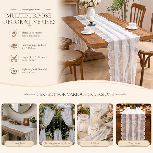White Lace Table Runner with Floral Embroidered (3pcs, 28”x118”)