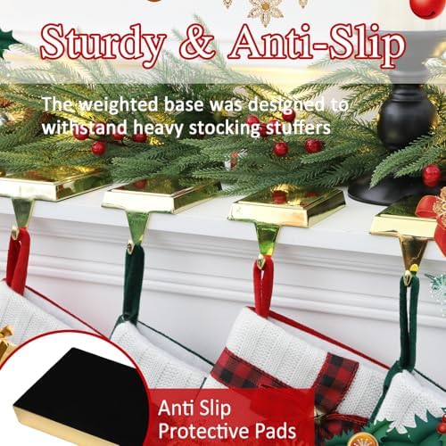 4-Pack Christmas Stocking Holders for Mantel, Weighted Metal Hooks, Gold