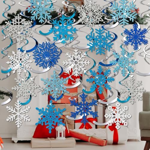 Snowflake Decorations, Christmas Hanging Decor, 30 Glitter Snowflake Swirls