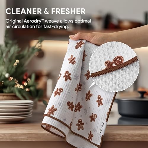 RECYCO Christmas Waffle Kitchen Towel Set of 2 - Quick Dry Microfiber Sustainable Dish Towels - Ultra Absorbent Reusable Cleaning Tea Towels - Lightweight Hand Towels,16”x 28”, Gingerbread Joy