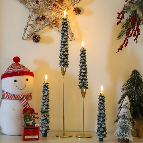 MUMCHASI 4 Pcs Flameless Taper Candles, Christmas Tree Candles with Remote, Battery Operated Candlesticks, Flickering LED Window Candlelights Real Wax Christmas Candlesticks H9.45,11.4”Green