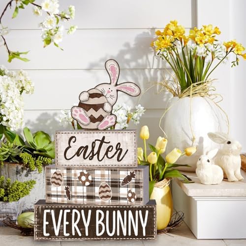 DIYDEC 4Pcs Easter Tabletop Decorations Rabbit Wooden Block Signs Bunny Tiered Tray Decor Happy Easter Centerpiece Farmhouse Wood Bunny Table Sign for Kitchen Home Office Party Decor