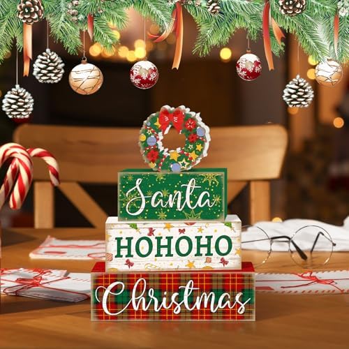 Britimes Christmas Santa Tiered Tray Decor Set, 4 Pack, Wooden Table Sign