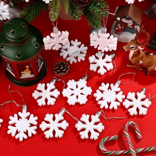 24 Pcs Snowflake Hanging Ornaments for Christmas Tree Xmas Winter Snowflake Tree Ornaments Plastic White Snowflakes Hanging Decorations for Xmas Trees Winter Wonderland Holiday Party Home Decoration