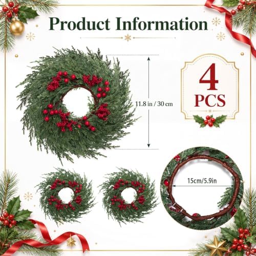 4 Pcs Mini Christmas Cedar with Berries Wreaths 12" Drop Wreath