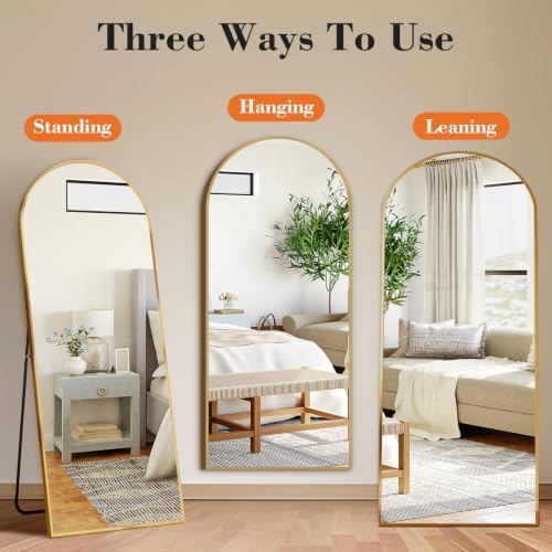 DUMOS 64"x21" Arched Full Length Floor Mirror, Full Body Mirror, Gold