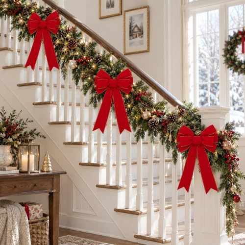6 Pcs Golden Edged Red Velvet Tree Topper Bows, Large Christmas Wreath Bows