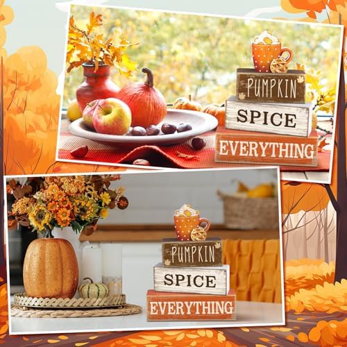 Moucuny 4 Pcs Fall Table Decor Pumpkin Spice Sign, Wooden Tiered Block Set